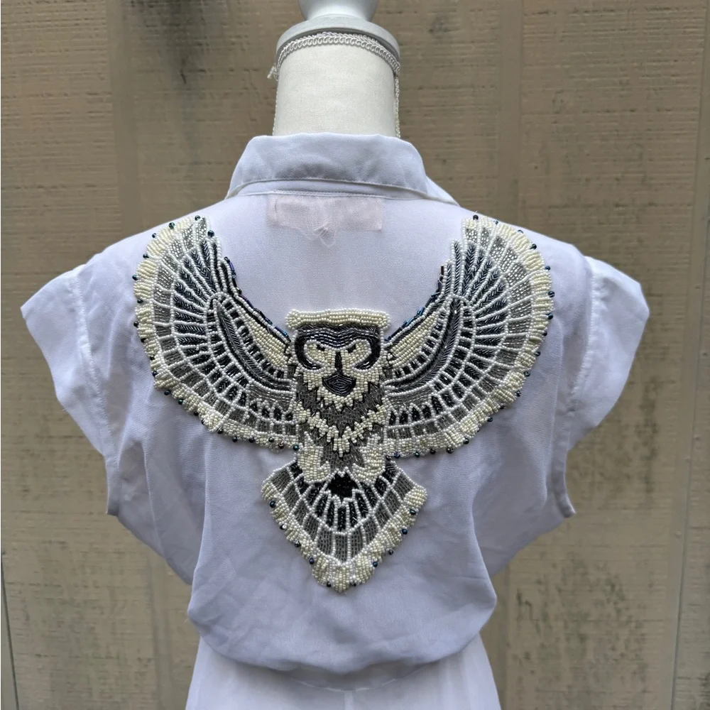 White Beaded Owl Design Short Sleeve Sheer Maxi Dress/Jacket - Picture 2 of 10